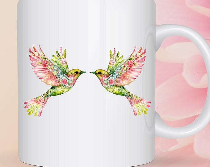 Cottagecore Love Birds Mug, Romantic Floral Bird Coffee Cup,Shabby Chic Gift for Her,Vintage Nature Drinkware,Gift for Her,Boho Coffeecup