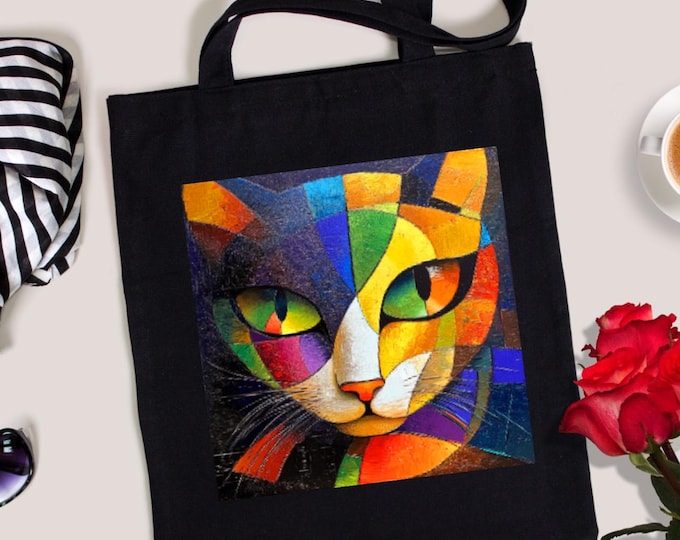 Modern Art Cat Tote Bag, Pop Art Cat Tote, Colorful Cubist Cat Face Design, Artistic Cat Lover Gift, Abstract Geometric Cat Art Tote