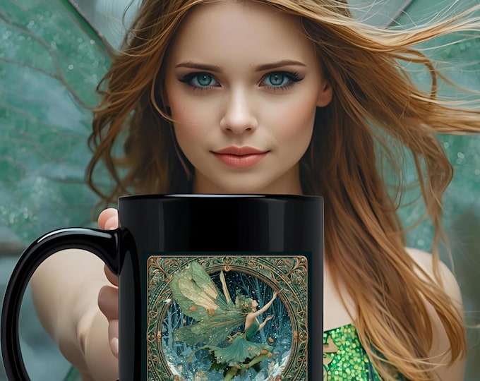 Winter Fairy Mug, Elegant Green & Gold Art Nouveau Design,Gift for Her, 11oz and 15oz Black Coffee Cup