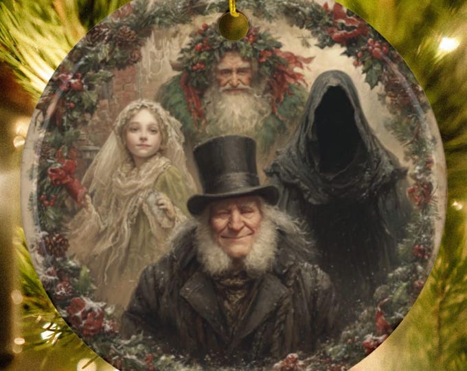 A Christmas Carol Ornament, Scrooge and The Three Spirits, Victorian Christmas Decor, Dickens Holiday Keepsake