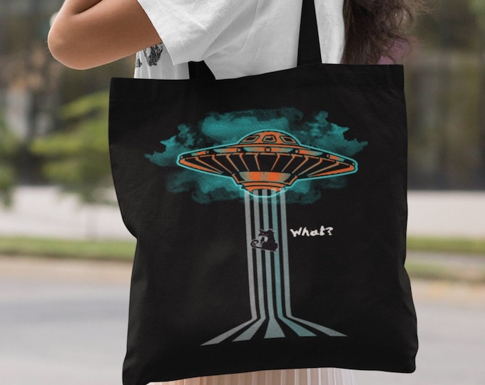 BadCat UFO,funnytote,funnycat,alienabduction,UFO-totebag,gift-for catmom,gift-for catdads,tote-for her, tote-for them,Cotton Canvas Tote Bag