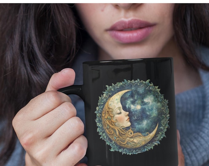Moon Maiden Mug, Mystical Moon Coffee Cup, Celestial Goddess Mug, Mystic Night Sky, Gift for Astrology Fans, Home Decor, Unique Art Mug