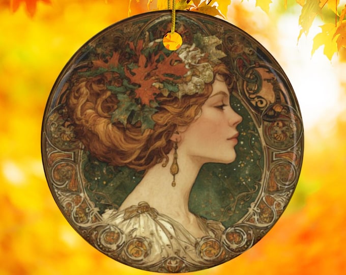 Autumn Cameo Ornament, Art Nouveau Mucha Style Holiday Decoration, Autumncore Ornament, Double-Sided Holiday Decor, Gift for Art Lovers,