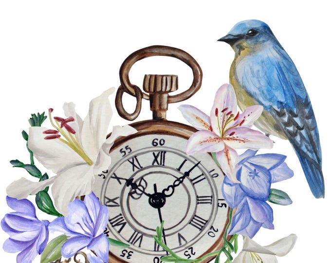 Vintage Bird & Clock Clip Art, Watercolor Floral, Timepiece JPEG Bluebird, Flowers, Key Bluebird, Antique Pocket Watch, Cottagecore JPEG