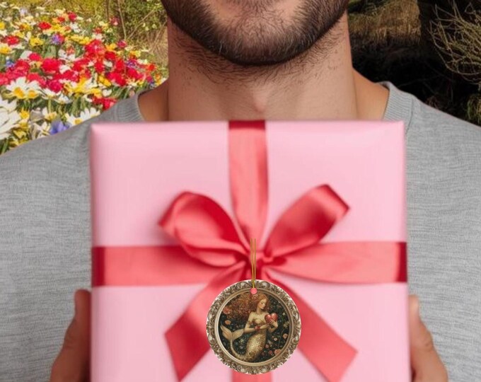 Victorian Mermaid Valentine Ornament, Dark Academia Romantic Fantasy Art, Gold Frame Love Keepsake