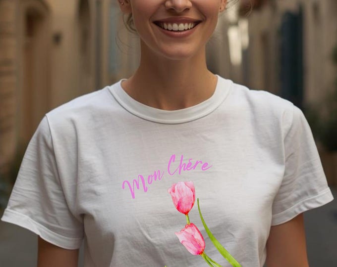 Mon Cheri Tulip T-Shirt, French Botanical Graphic Tee, Watercolor Cottagecore Gift, Organic Cotton