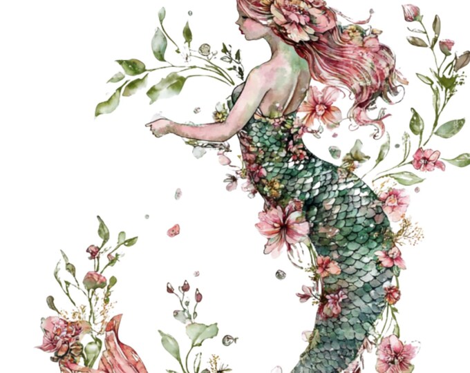 Floral Mermaid Clipart | Watercolor Mermaid PNG | Cottagecore Fantasy Art | Mystical Mermaid Clip Art for Sublimation & Crafts