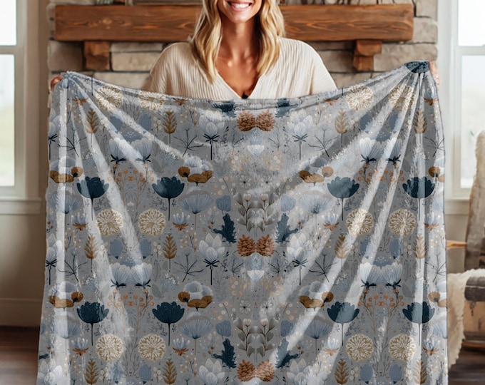 Winter Woodland Floral Sherpa Fleece Blanket,Cozy Neutral Throw,Hygge Cabin Decor,Nature-Inspired Bedding Gift