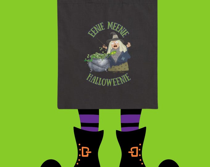 Eenie Meenie Halloweenie Tote Bag,Funny Witch Tote,Trick-or-Treat Bag,Spell Carrier,Funny Witchcore,Cotton Canvas,Eco-Friendly,Gift Bag,
