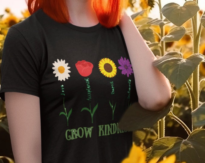 GrowKindness, floraltee, kindness-tee, flowershirt, gift-for her, tee-for her, kindness-vibe, Unisex Jersey Short Sleeve Tee
