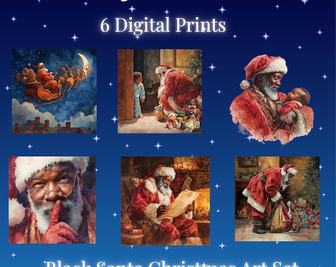 Black Santa 6 Piece Digital Art Set, African American Christmas Printable Clipart Bundle