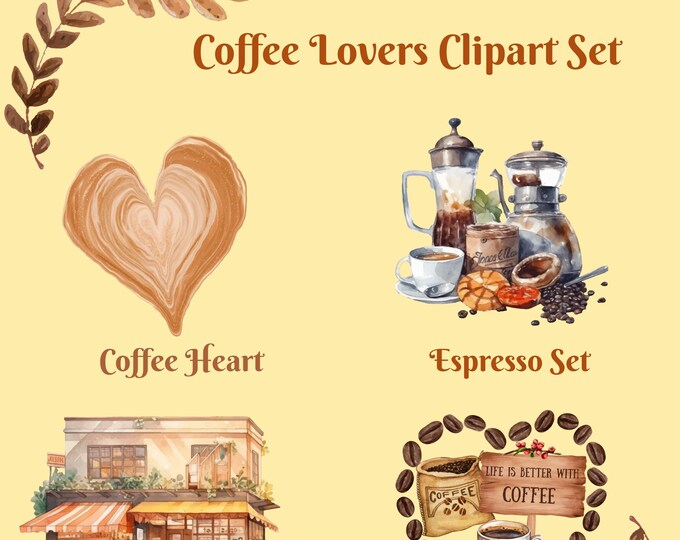 Coffee Lovers Clipart Set, Coffee Shop, Espresso, Coffee Beans, Barista Art, Coffee Heart Clipart, Commercial Use PNG