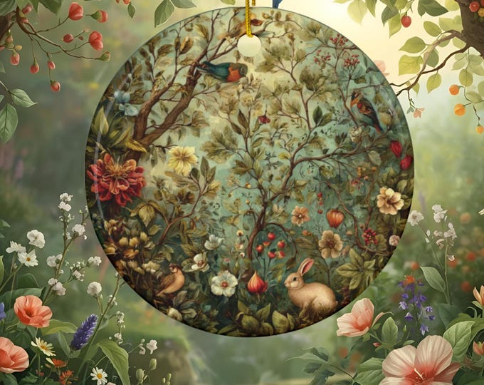 Enchanted Garden Mural Ornament, Cottagecore Woodland Birds & Rabbit Decorative Hanging