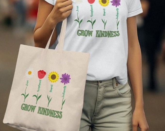Grow Kindness, totebag-for her, totebag-gift, gift-for her, floraltote, garden-vibe, Cotton Canvas Tote Bag