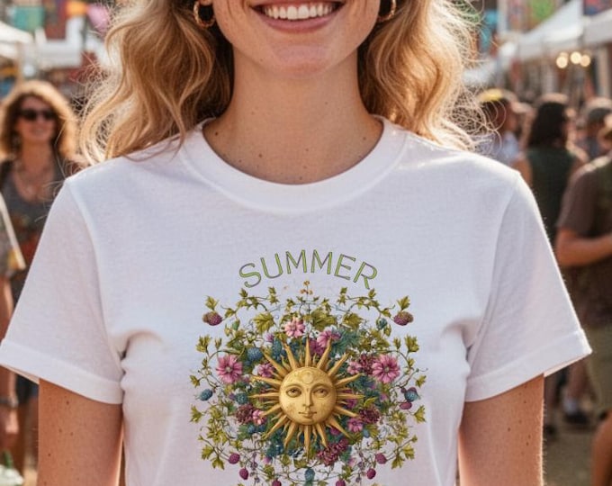 Summer Solstice T-Shirt, Celestial Sun, Botanical Tee, Cottagecore Gift