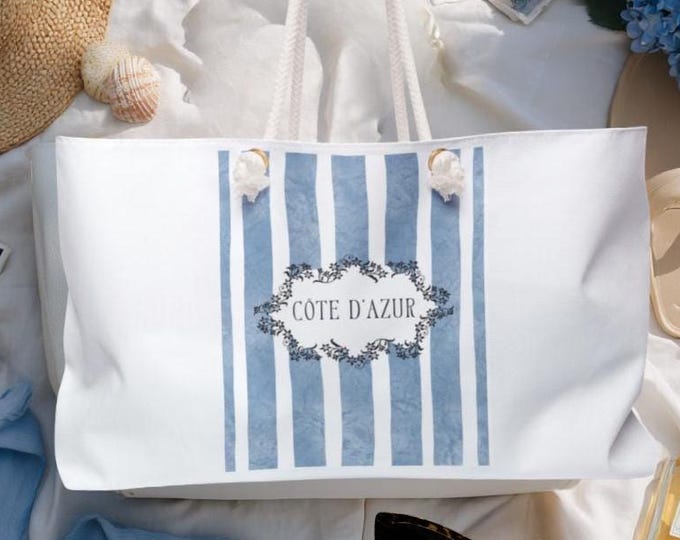 Côte d'Azur Blue Stripes Weekender Bag | Coastal Chic Tote, Nautical Travel Bag