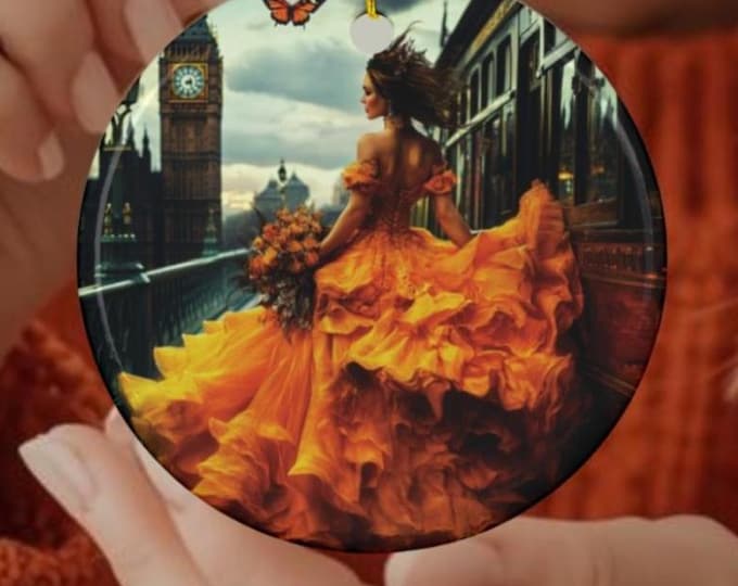 Victorian London Romantasy Ornament, Woman in Flowing Orange Gown, Romantic Art Keepsake, Literary Decor, Dark Academia Gift