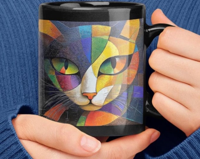 Modern Art Cat Mug, Colorful Cubist Cat Face Cup, Pop Art Cat Mug, Artistic Cat Lover Gift, Cubist Cat Art, Abstract Art Cat, (11oz, 15oz)