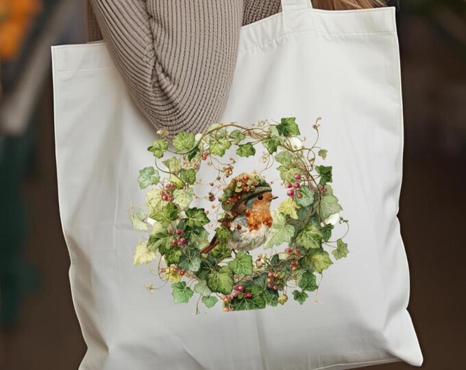 Whimsical Robin Tote Bag, Cottagecore Bird Illustration,Nature-Inspired Eco-Friendly Canvas Bag, Charming Bird Tote Bag, Bird Lovers Gift
