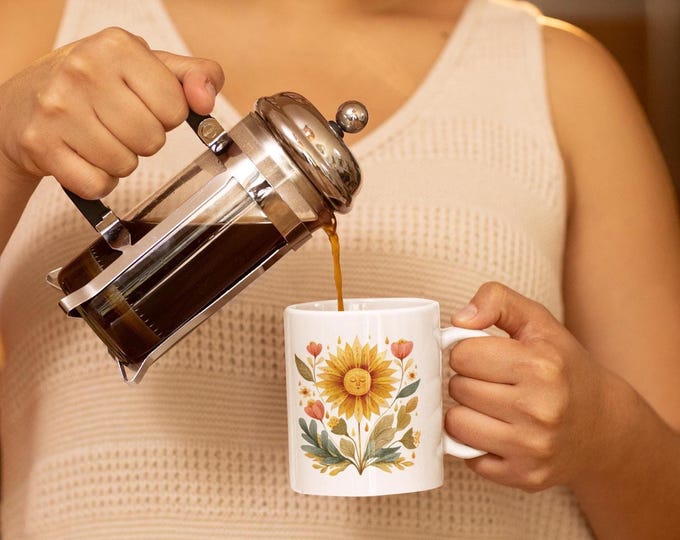 Boho Floral Sun Mug, Cottagecore Sunflower Face Coffee Cup, Boho Cup,Cheerful Morning Mug,Tea Mug Gift, Housewarming Gift,Nature Lovers