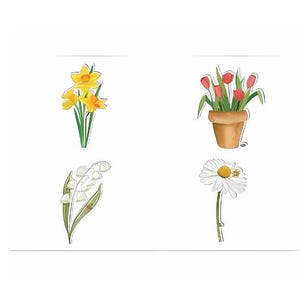 Fogli adesivi con fiori primaverili: margherita, tulipano, mughetto, narciso con coccinelle, regali per lei, decorazioni per cancelleria, carta da lettere, diari,
