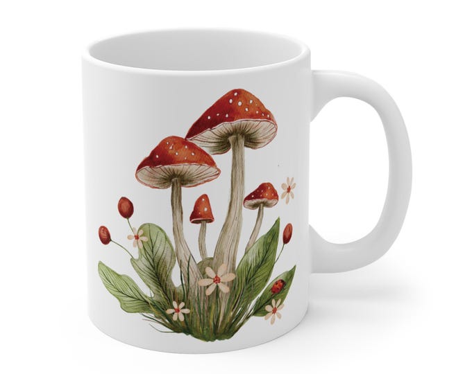 Magical Mushroom Mug 11oz, Red-and-White-Mushrooms, Coffeemug-for gift, Coffeecup-for Her, Botanical-Mug, KitchenDecor, Nature Lover Gift,