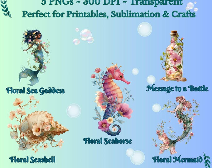 Romantic Floral Mermaid Clipart,Watercolor Fantasy Mermaid Art,Journals, Crafts & Stickers, Cottagecore Mermaid Printable, Digital Download