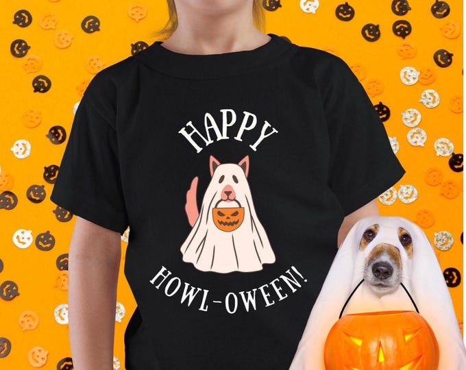Kids Halloween Dog Shirt,Happy Howl-oween Youth Tee,Cute Ghost Pup Costume Design, Kids Heavy Cotton™ Tee