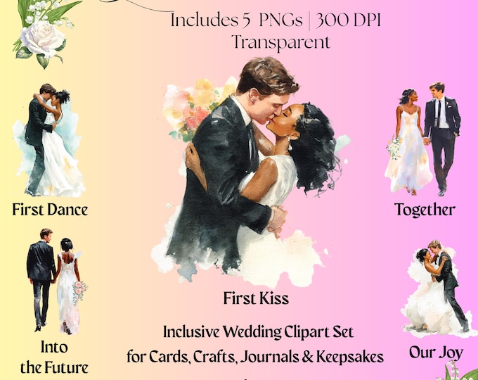 Love Looks Like Us, Interracial Wedding Clipart,Inclusive Couple,Romantic Watercolor, PNGs for Cards, Stickers,Crafts,Journals,Keepsakes