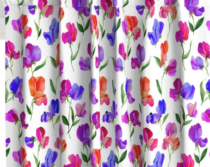 Summer Sweet Peas Curtain Panel - Custom Linen Cotton Canvas, Botanical Window Treatments, Cottagecore Decor
