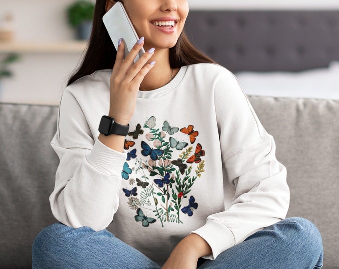 Butterflies, garden, nature, whimsical, cozy, gift for her, gift for gardeners, Unisex Heavy Blend™ Crewneck Sweatshirt