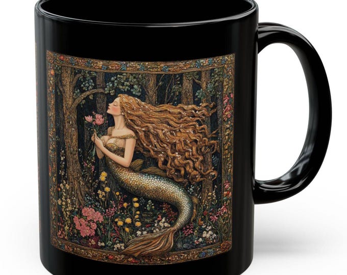 Mermaid Tapestry Coffee Mug, Mermaid Mug, Medieval Tapestry Style, Gift for Mermaid Lovers, Elegant Coffee Cup, Black Mug (11oz, 15oz),