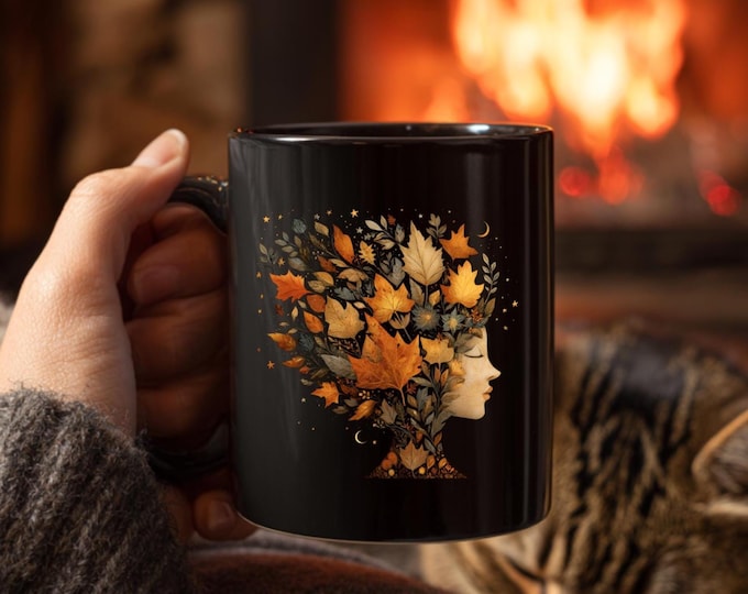 Autumn Girl Coffee Mug,Cozy Fall Leaves Ceramic Cup,Boho Pumpkin Spice Latte Mug,Rustic Kitchen Decor,Gift for Her,Fall Lovers Gift