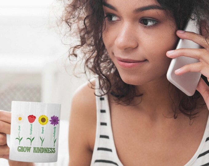Grow Kindness, mug-for her, gift-for her, cup-for her, gardenlover-mug, floralmug, floral-vibe,  Ceramic Mug, (11oz, 15oz)
