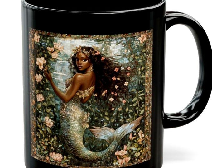 Black Mermaid Mug, Medieval Tapestry Design, Elegant Coffee Cup, Gift for Mermaid Lovers, Gift for Her, Drinkware, Kitchen Decor, Unique