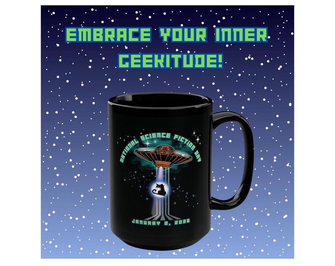 National Science Fiction Day Mug, UFO Cat Abduction, Funny Sci-Fi Geekitude Coffee Cup, 15oz