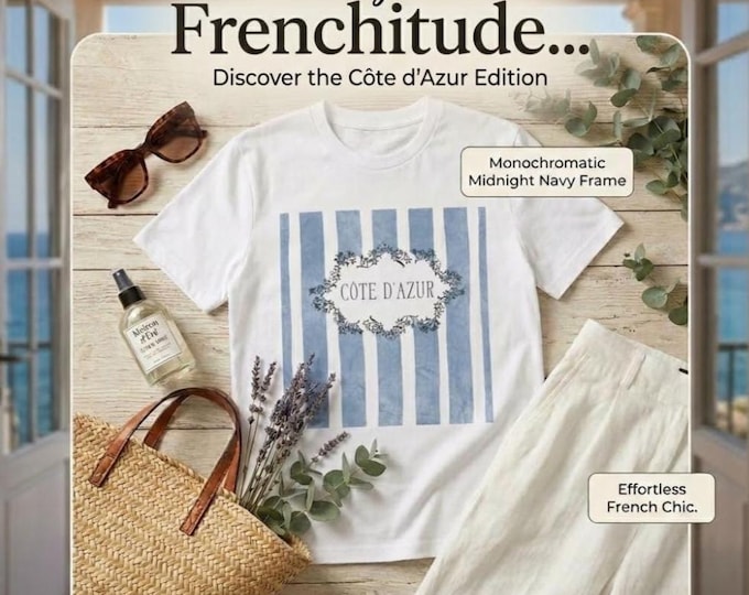 Côte d'Azur T-Shirt | Blue Watercolor Stripes, Organic Cotton Tee, Coastal Summer Style
