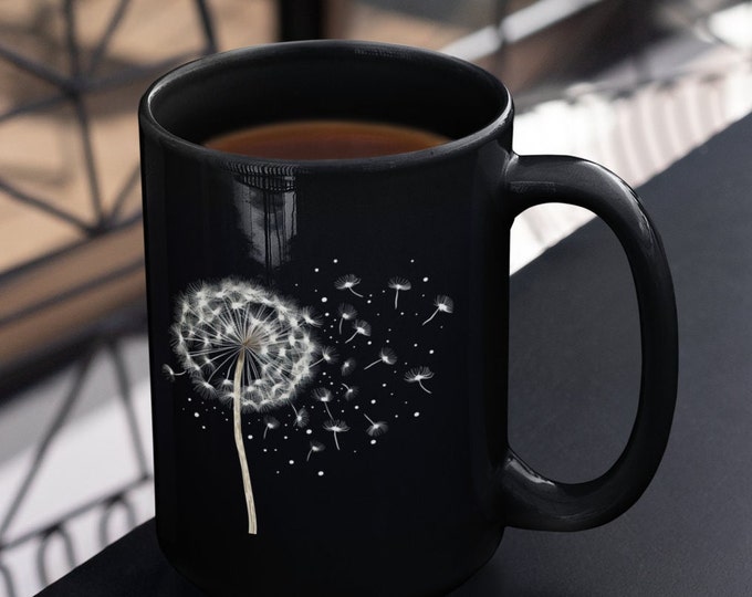 Coffee Mug   Dandelion mug, tumbler, seeds, breeze, garden, nature, Black Mug, 15oz