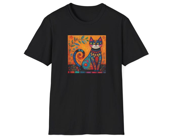 Folk Art Cat Tee, Colorful Cat T-Shirt, Charming Gift for Cat Mom, Mother's Day Top, Semi-Formal Outfit Shirt, Casual Tee