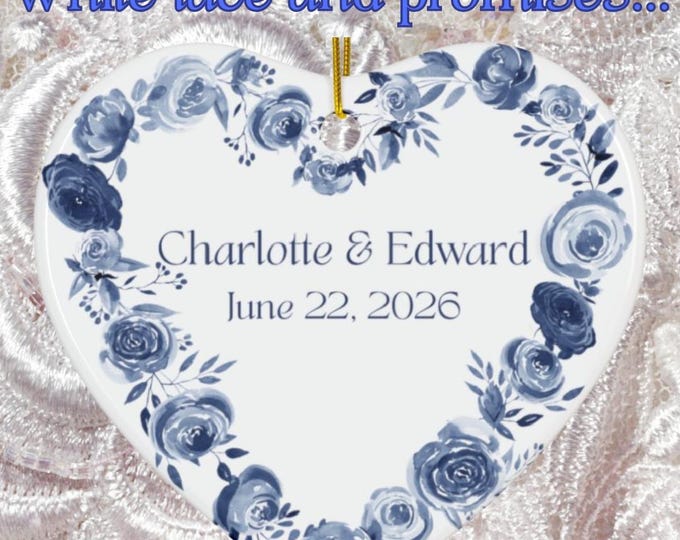 Personalized Something Blue Wedding Ornament - Blue Rose Wedding Keepsake - Custom Bride & Groom Gift