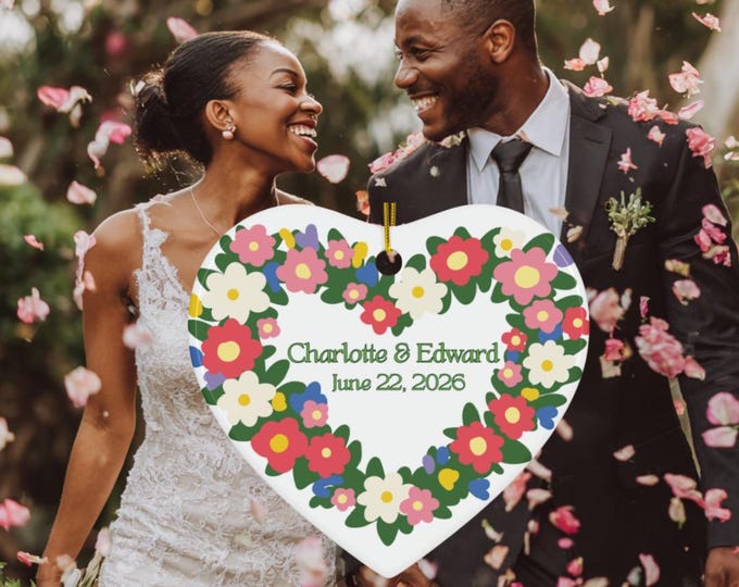 Personalized Wedding Ornament 2026, Custom Names Date Heart Ornament, Floral Wildflower Keepsake Gift, Bridal Shower Gift