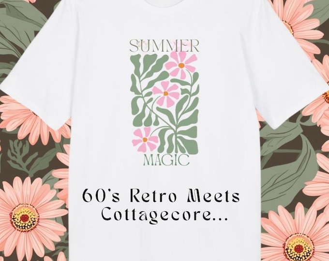 Summer Magic Botanical T-Shirt, Retro Floral, Cottagecore Lovers Gift, Stanley Stella Organic Cotton, 34.99