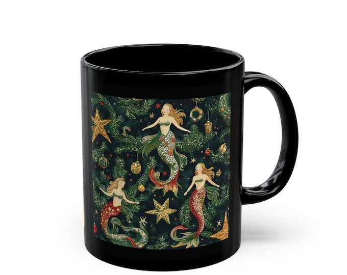 Black Mug, Merry Mermaids Christmas Coffee Mug, Gifts for Her, Mermaid Lover Gift, Holiday Drinkware