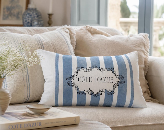 Cote d Azur Lumbar Pillow, European Coastal Accent Cushion, Designer Inspired Coastal Home Decor, Francophile Gift