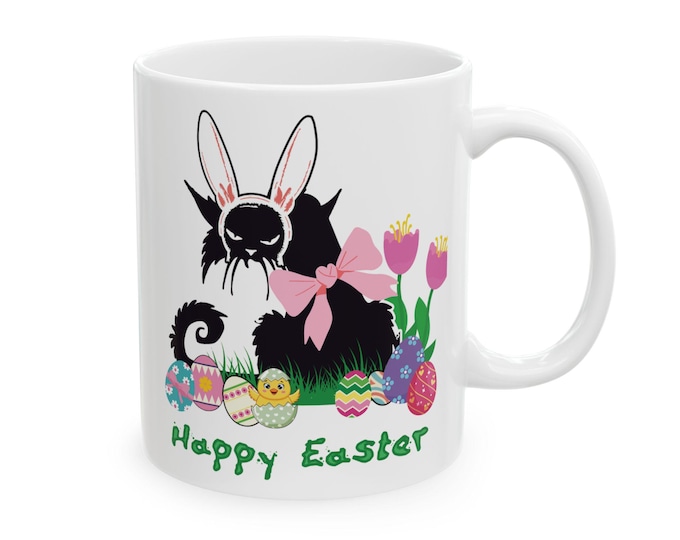 Funny Black Cat Easter Mug - Large 15oz Deluxe Ceramic Coffee Cup - BunnyCat Gift for Cat Lovers