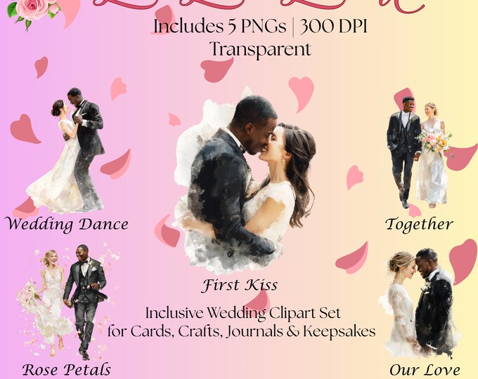 Love Looks Like Us,Romantic Interracial Wedding Clipart,Watercolor,Inclusive Couple PNGs for Cards, Stickers, Crafts, Journals and Keepsakes