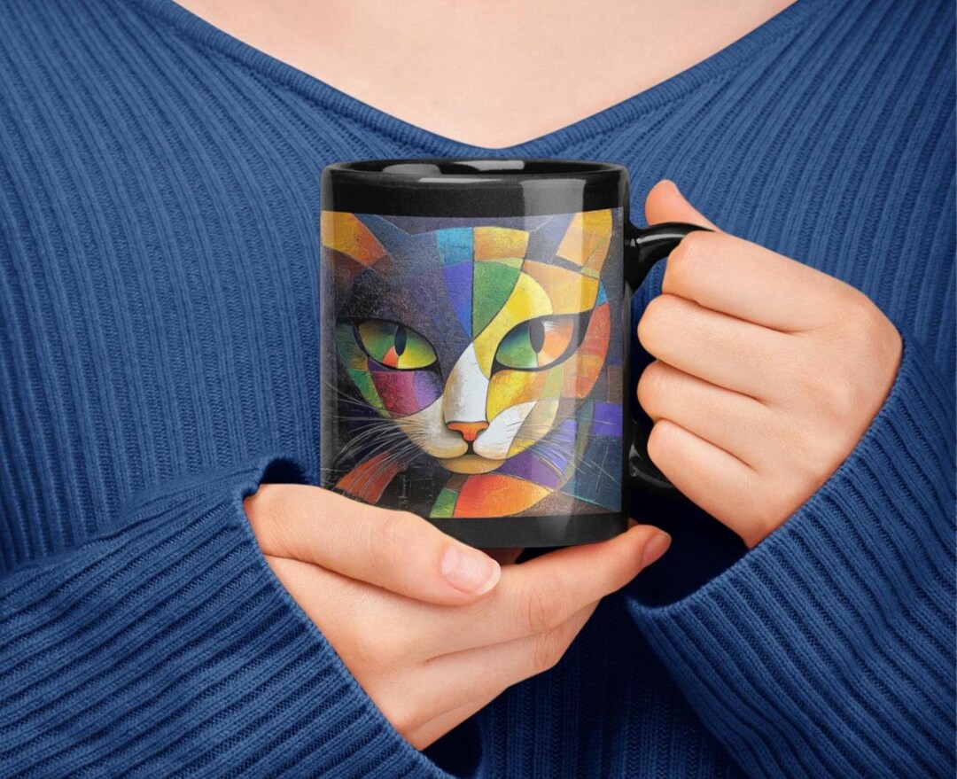 Modern Art Cat Mug, Colorful Cubist Cat Face Cup, Pop