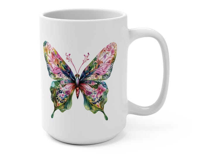 FloralButterfly Mug, FloralButterfly Cup,MothersDay Gift,CoffeeMug Gift,Kitchen Decor,CoffeeCup Gift,Gifts-for her,Garden-Lovers Gift 15 oz