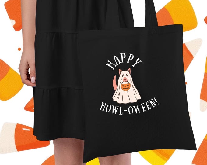 Halloween Dog Tote Bag,Happy Howl-oween Tote,Ghost Pup Trick-or-Treat Bag,Dog Lover Tote Bag, Reusable Shopping Bag, son, Dog Mom Tote Bag