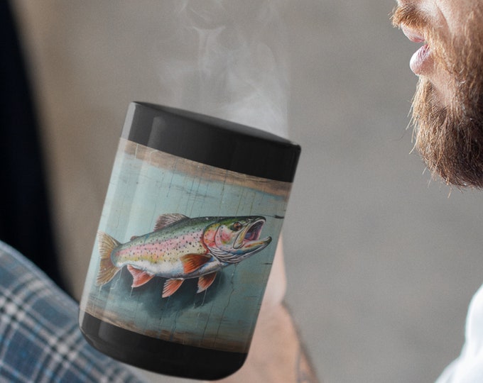 Coffee Mug,  farmhouse style, Rustic Rainbow Trout, rustic country charm, weathered barn wood, gift for him    Black Mug, 15oz